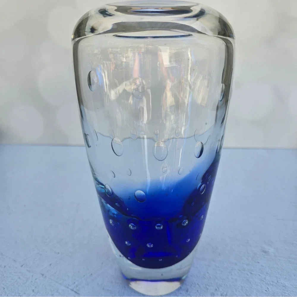 Cobalt Blue Controlled Bubble Art Glass Vase Heavy Clear Glass Bullicante 8in